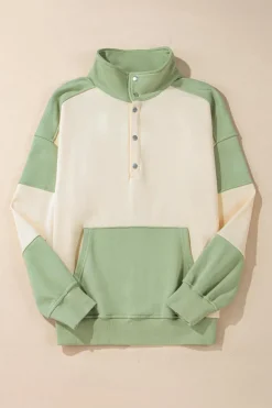 Outlet Dear-Lover Colorblock Patchwork Buttoned Collar Kangaroo Pocket Sweatshirt Laurel Green