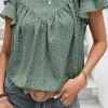Discount Dear-Lover Dotted Ruffle Sleeve Crew Neck Ruched Blouse Laurel Green