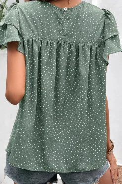 Discount Dear-Lover Dotted Ruffle Sleeve Crew Neck Ruched Blouse Laurel Green