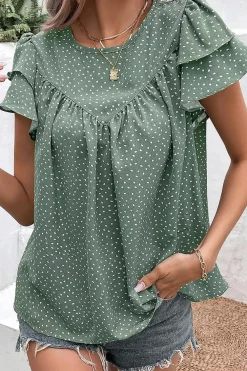 Discount Dear-Lover Dotted Ruffle Sleeve Crew Neck Ruched Blouse Laurel Green