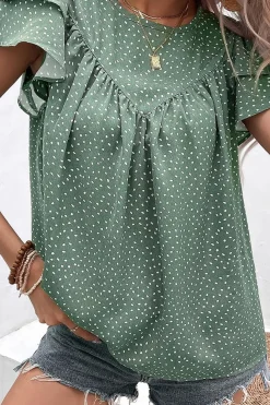 Discount Dear-Lover Dotted Ruffle Sleeve Crew Neck Ruched Blouse Laurel Green