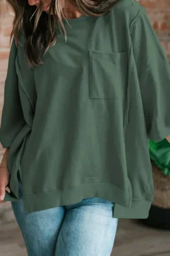 Outlet Dear-Lover Exposed Seam Chest Pocket Split Loose T Shirt Laurel Green