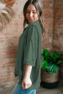 Outlet Dear-Lover Exposed Seam Chest Pocket Split Loose T Shirt Laurel Green