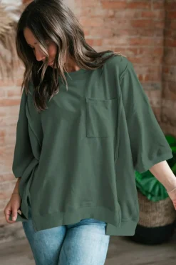 Outlet Dear-Lover Exposed Seam Chest Pocket Split Loose T Shirt Laurel Green