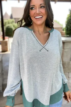 Clearance Dear-Lover Exposed Seam Contrast Edge Notched Neck Sweatshirt Laurel Green