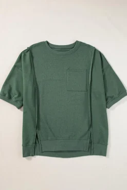 Outlet Dear-Lover Exposed Seam Chest Pocket Split Loose T Shirt Laurel Green