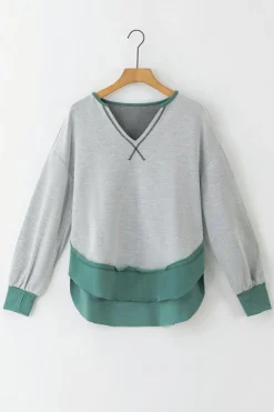 Clearance Dear-Lover Exposed Seam Contrast Edge Notched Neck Sweatshirt Laurel Green