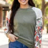 Best Dear-Lover Floral Patchwork Long Sleeve Ribbed Blouse Laurel Green
