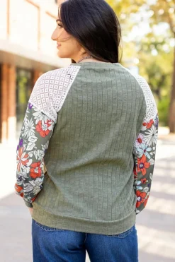 Best Dear-Lover Floral Patchwork Long Sleeve Ribbed Blouse Laurel Green