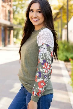 Best Dear-Lover Floral Patchwork Long Sleeve Ribbed Blouse Laurel Green