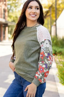 Best Dear-Lover Floral Patchwork Long Sleeve Ribbed Blouse Laurel Green