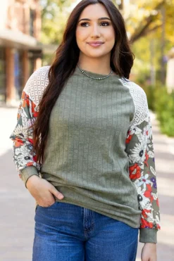 Best Dear-Lover Floral Patchwork Long Sleeve Ribbed Blouse Laurel Green