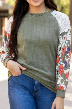Best Dear-Lover Floral Patchwork Long Sleeve Ribbed Blouse Laurel Green