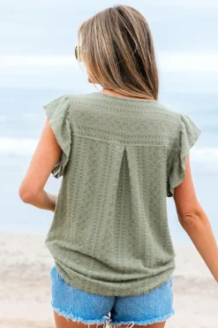 Outlet Dear-Lover Flutter Sleeve Lace V Neck Shirt Laurel Green