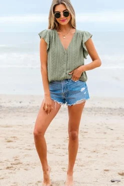 Outlet Dear-Lover Flutter Sleeve Lace V Neck Shirt Laurel Green
