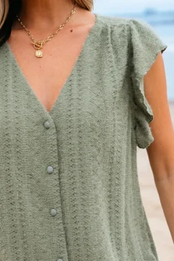 Outlet Dear-Lover Flutter Sleeve Lace V Neck Shirt Laurel Green