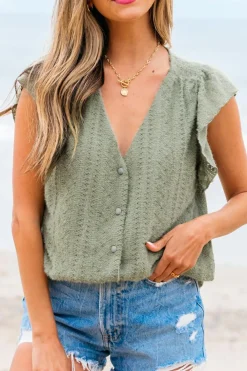 Outlet Dear-Lover Flutter Sleeve Lace V Neck Shirt Laurel Green