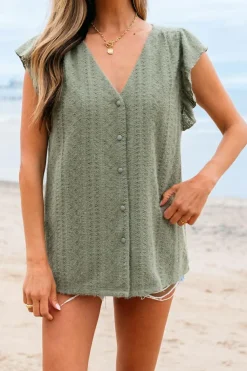 Outlet Dear-Lover Flutter Sleeve Lace V Neck Shirt Laurel Green