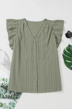 Outlet Dear-Lover Flutter Sleeve Lace V Neck Shirt Laurel Green