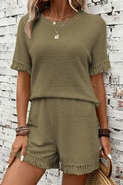 Outlet Dear-Lover Fringe Trim Textured Short Two Piece Set Laurel Green
