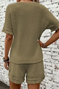 Outlet Dear-Lover Fringe Trim Textured Short Two Piece Set Laurel Green