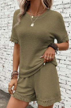 Outlet Dear-Lover Fringe Trim Textured Short Two Piece Set Laurel Green