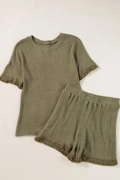 Outlet Dear-Lover Fringe Trim Textured Short Two Piece Set Laurel Green