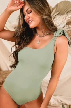 Discount Dear-Lover Knotted One Shoulder Hollow-out One-piece Swimsuit Laurel Green