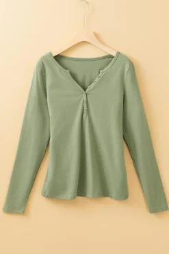 Discount Dear-Lover Long Sleeve Buttons V Neck Slim Fit Top Laurel Green