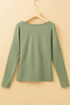 Discount Dear-Lover Long Sleeve Buttons V Neck Slim Fit Top Laurel Green