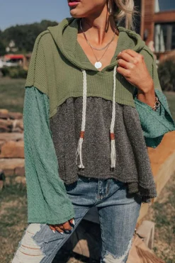 Best Dear-Lover Mixed Textured Colorblock Patchwork Wide Sleeve Frayed High Low Hooded Top Laurel Green