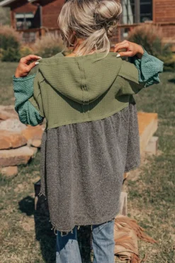Best Dear-Lover Mixed Textured Colorblock Patchwork Wide Sleeve Frayed High Low Hooded Top Laurel Green