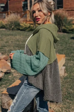Best Dear-Lover Mixed Textured Colorblock Patchwork Wide Sleeve Frayed High Low Hooded Top Laurel Green
