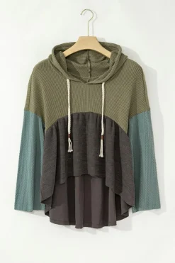 Best Dear-Lover Mixed Textured Colorblock Patchwork Wide Sleeve Frayed High Low Hooded Top Laurel Green