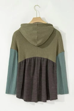 Best Dear-Lover Mixed Textured Colorblock Patchwork Wide Sleeve Frayed High Low Hooded Top Laurel Green