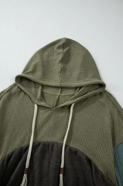 Best Dear-Lover Mixed Textured Colorblock Patchwork Wide Sleeve Frayed High Low Hooded Top Laurel Green
