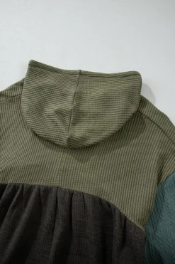 Best Dear-Lover Mixed Textured Colorblock Patchwork Wide Sleeve Frayed High Low Hooded Top Laurel Green