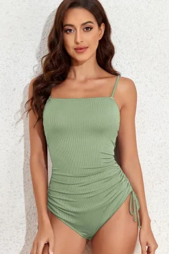 Outlet Dear-Lover Ribbed Drawstring Sides Cutout One Piece Swimsuit Laurel Green