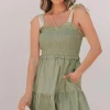 Sale Dear-Lover Smocked Bodice Self-tie Straps A-line Ruffled Mini Dress Laurel Green