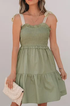 Sale Dear-Lover Smocked Bodice Self-tie Straps A-line Ruffled Mini Dress Laurel Green