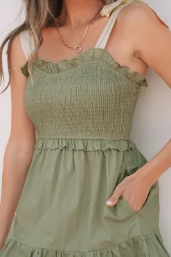 Sale Dear-Lover Smocked Bodice Self-tie Straps A-line Ruffled Mini Dress Laurel Green