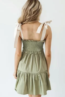 Sale Dear-Lover Smocked Bodice Self-tie Straps A-line Ruffled Mini Dress Laurel Green