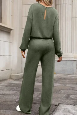 Clearance Dear-Lover Solid Ribbed Knit Keyhole Back High Waist Jumpsuit Laurel Green