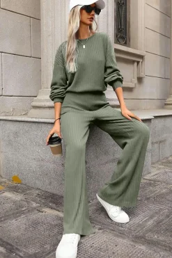 Clearance Dear-Lover Solid Ribbed Knit Keyhole Back High Waist Jumpsuit Laurel Green