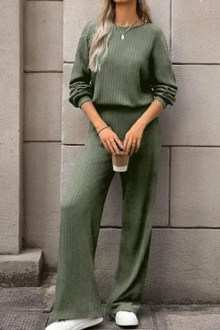 Clearance Dear-Lover Solid Ribbed Knit Keyhole Back High Waist Jumpsuit Laurel Green