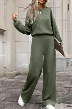 Clearance Dear-Lover Solid Ribbed Knit Keyhole Back High Waist Jumpsuit Laurel Green