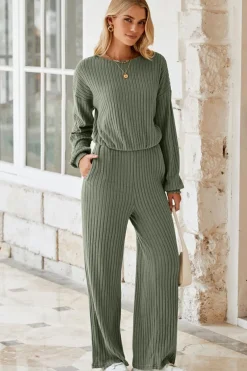 Clearance Dear-Lover Solid Ribbed Knit Keyhole Back High Waist Jumpsuit Laurel Green