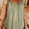 New Dear-Lover Stripes Ruffled Sleeve Shirred Round Neck Loose Fit Tank Top Laurel Green