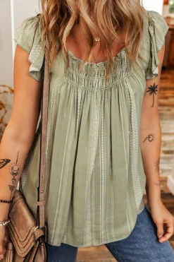 New Dear-Lover Stripes Ruffled Sleeve Shirred Round Neck Loose Fit Tank Top Laurel Green