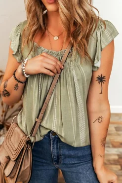 New Dear-Lover Stripes Ruffled Sleeve Shirred Round Neck Loose Fit Tank Top Laurel Green
